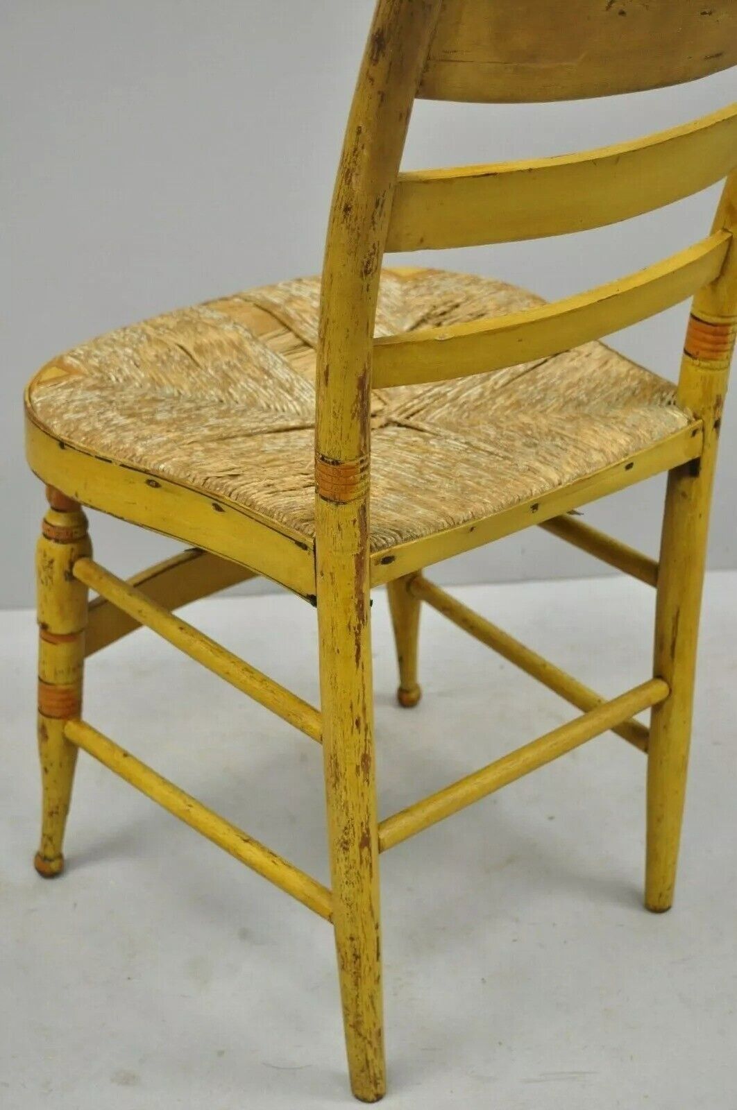 Antique Hitchcock Style Slat Back Rush Seat Yellow Paint Stencil Side Chair (A)