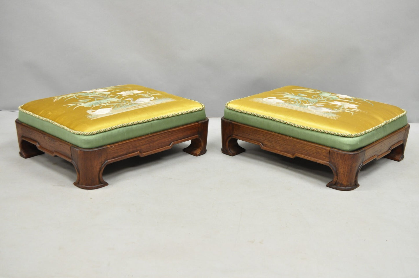 Vintage Chinoiserie Chinese Ming Style Low Footstool Ottoman w/ Silk - Pair