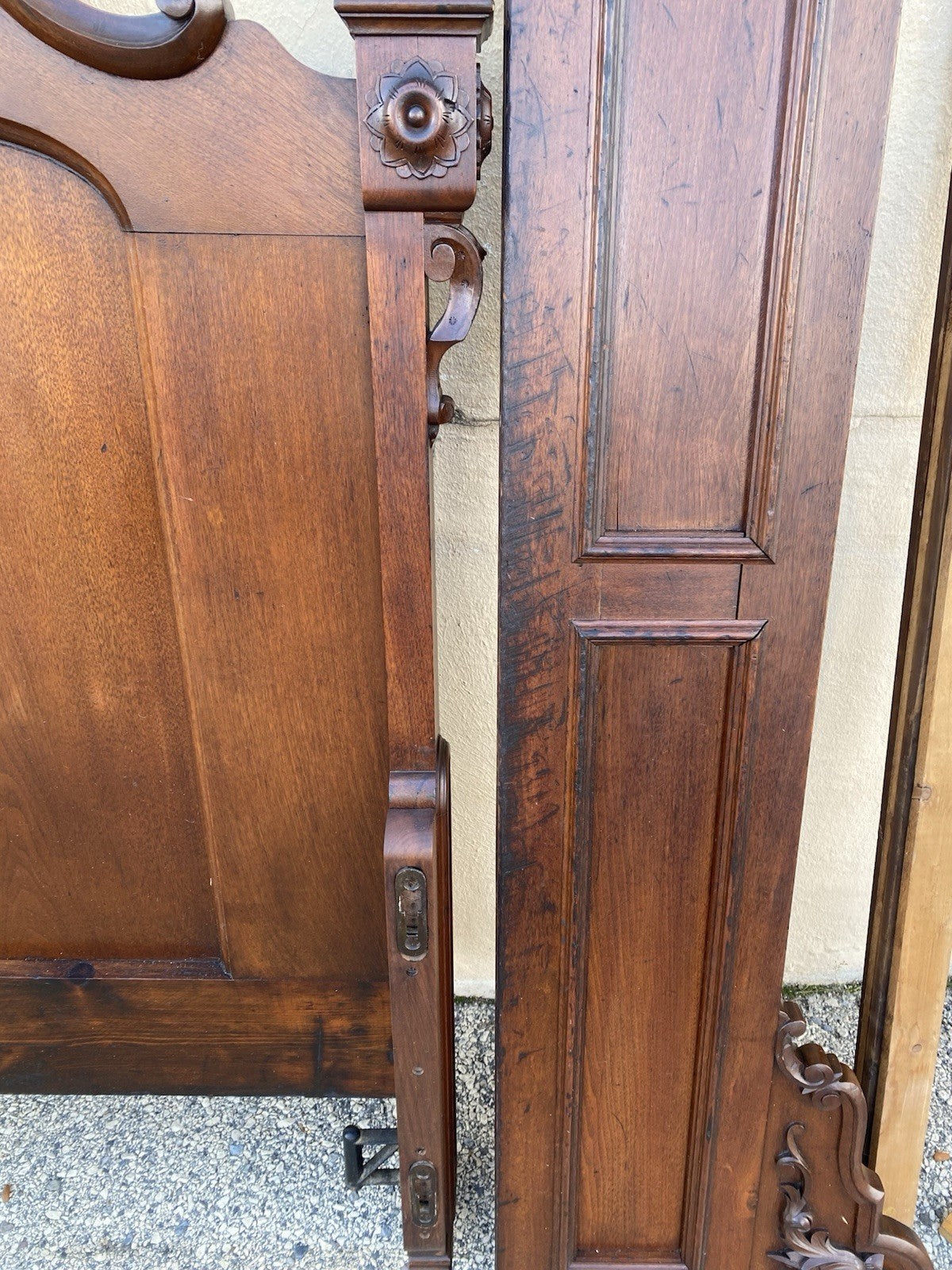 Antique Eastlake Victorian Stately Carved Walnut Highback Full Size Bed Frame