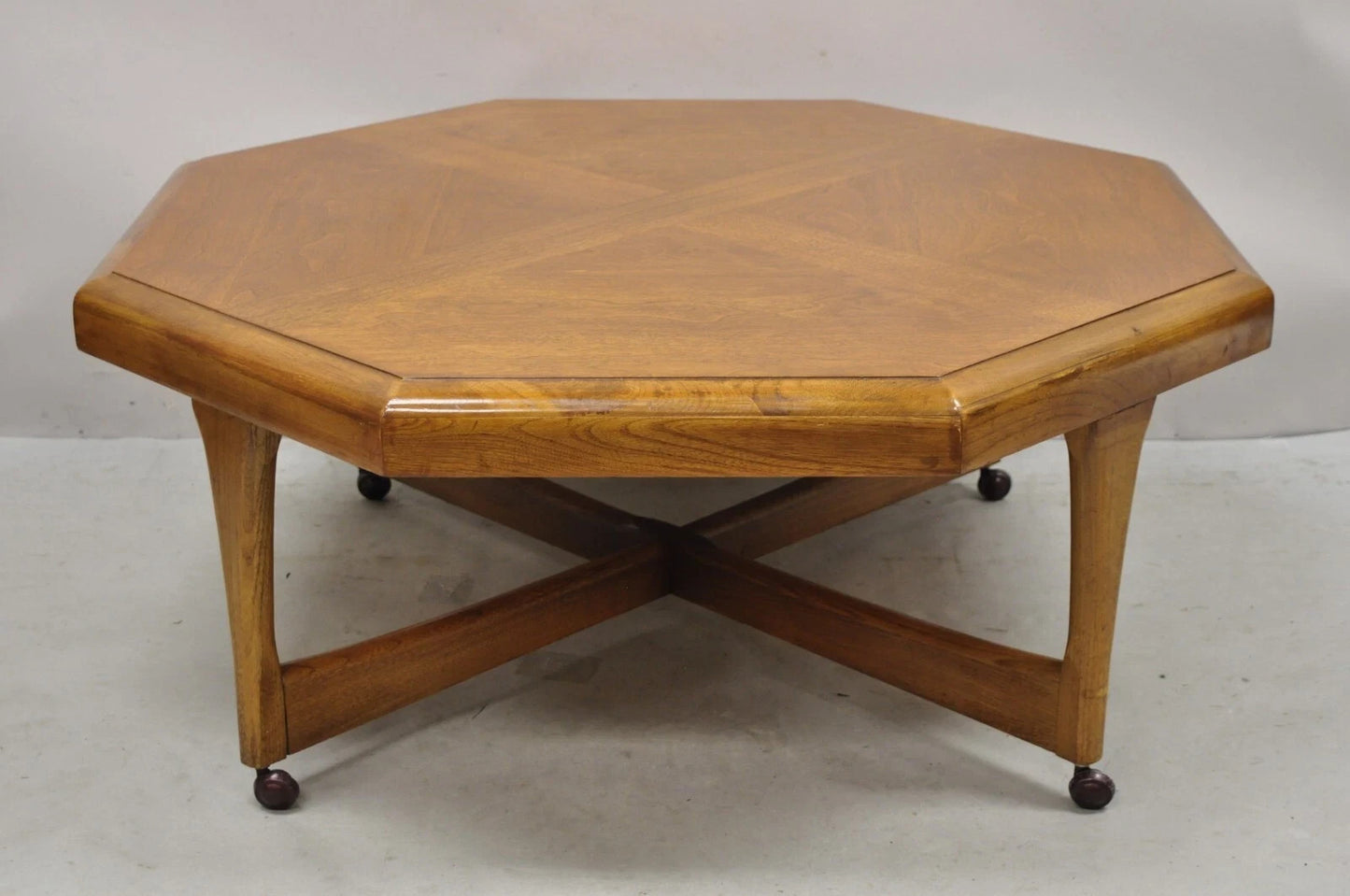 Vintage Lane Mid Century Modern Walnut Octagonal Stretcher Base Coffee Table