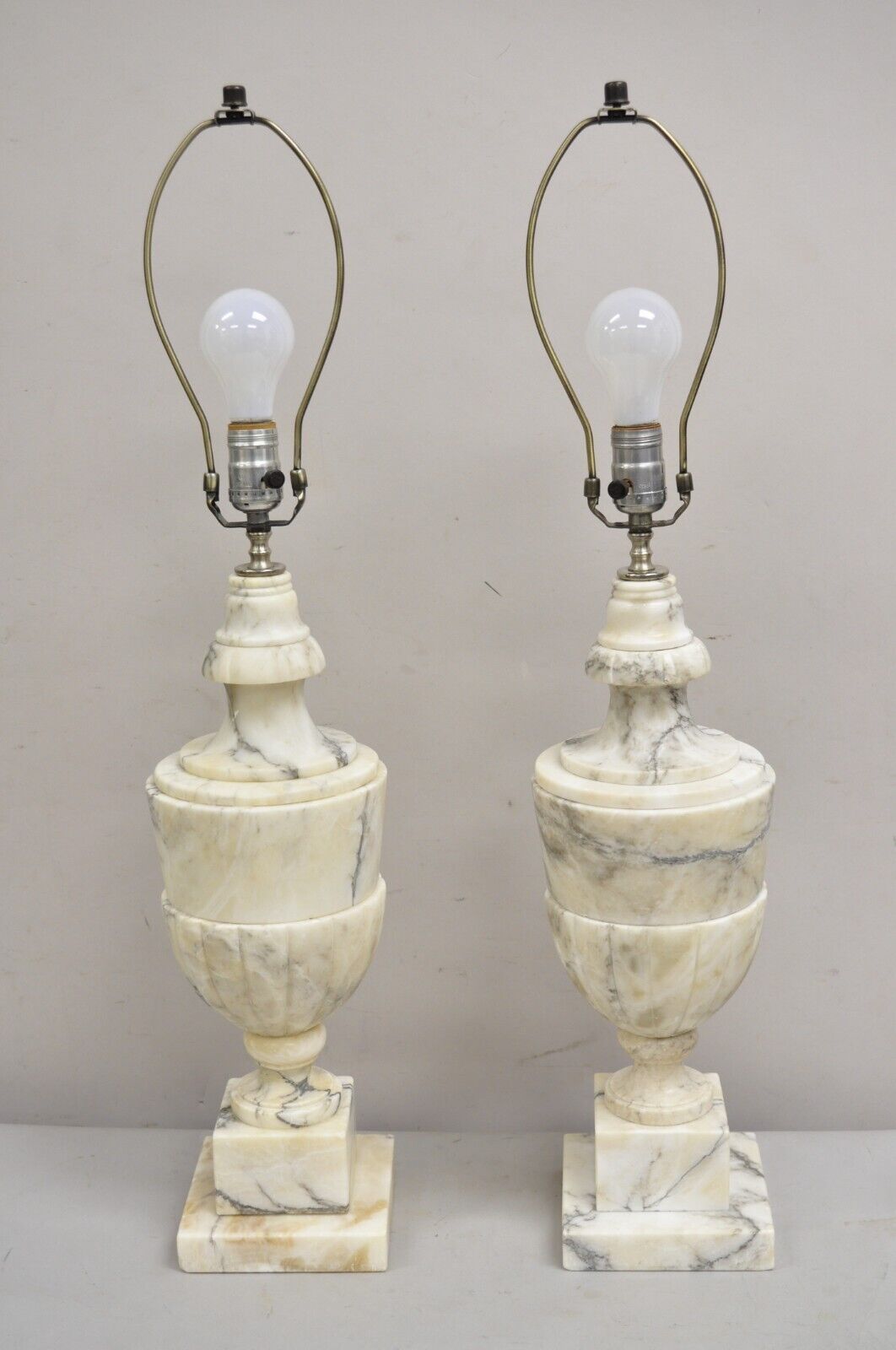Antique Italian Neoclassical Carved White Marble Urn Form Table Lamps - a Pair