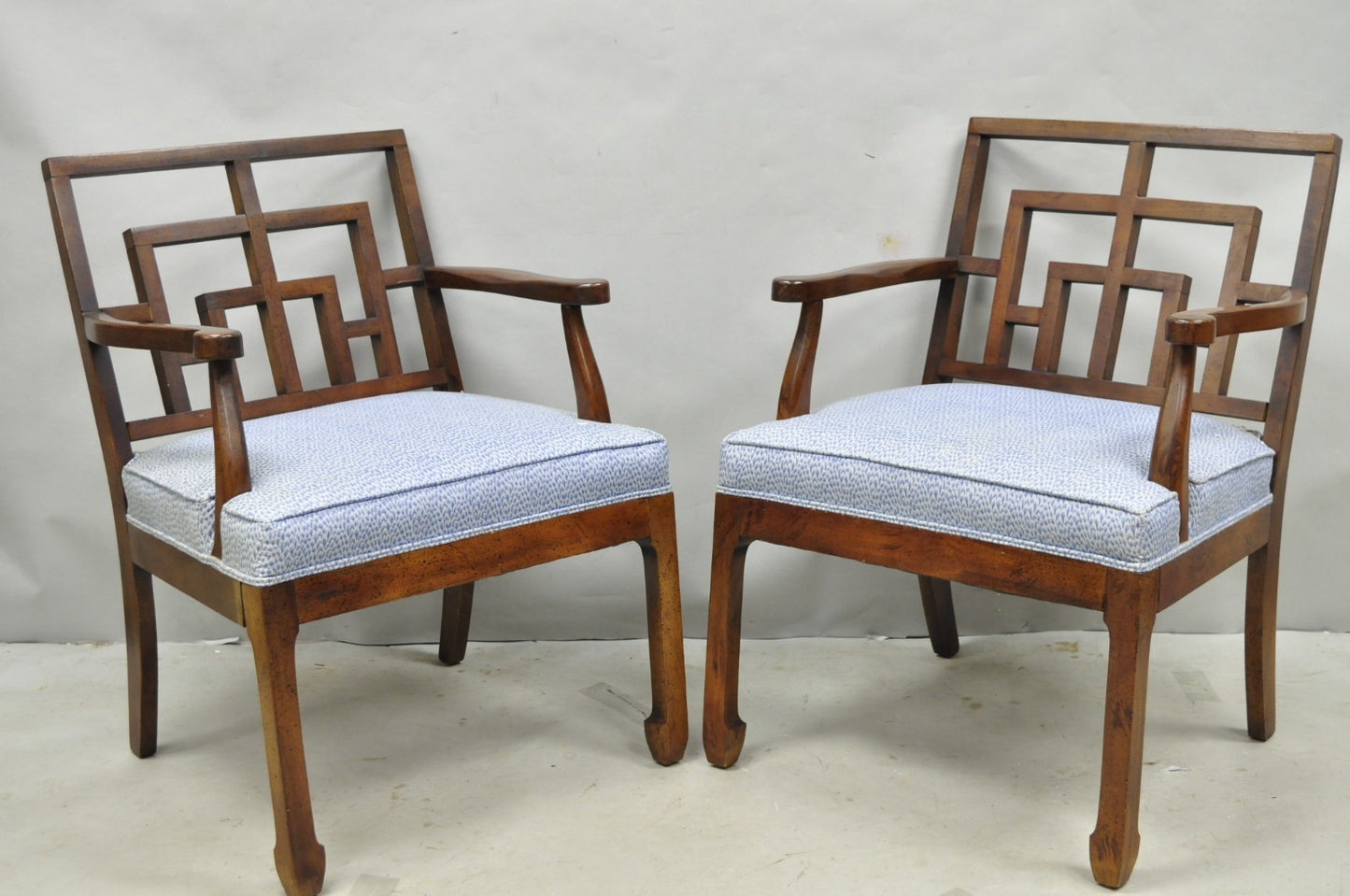 Vintage Chinese Chippendale James Mont Style Fretwork Lounge Arm Chairs - a Pair