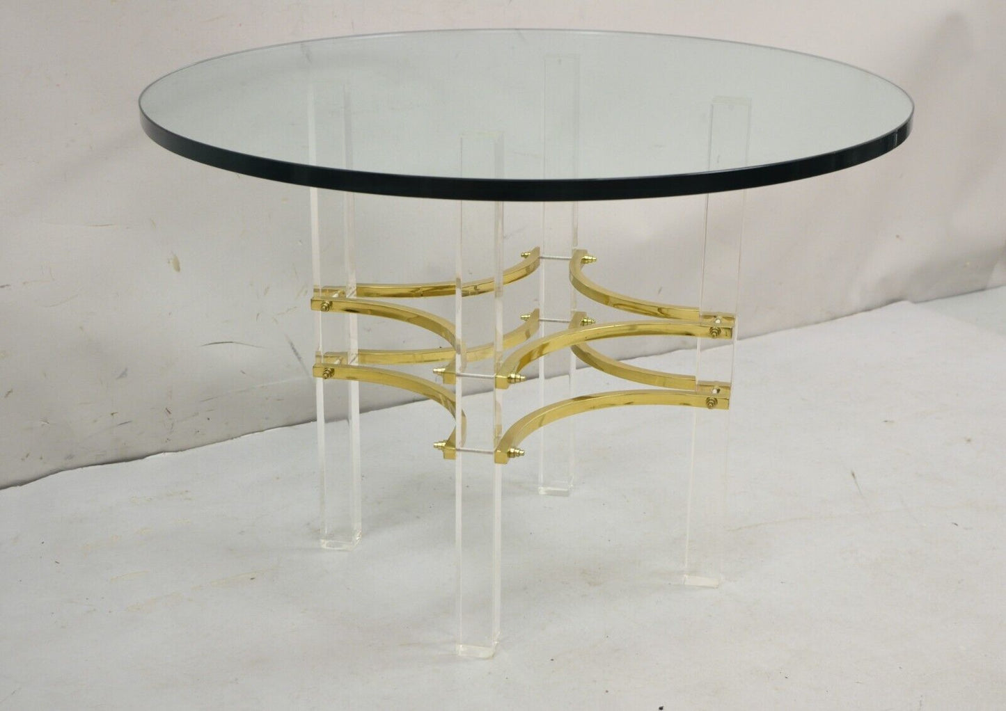 Mid Century Modern Charles Hollis Jones Style Lucite Brass Round Side Table