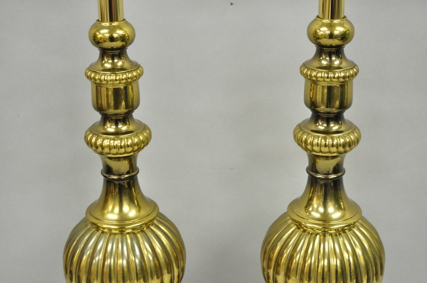 Vintage French Empire Style Burnished Brass Column Paw Foot Table Lamps - a Pair