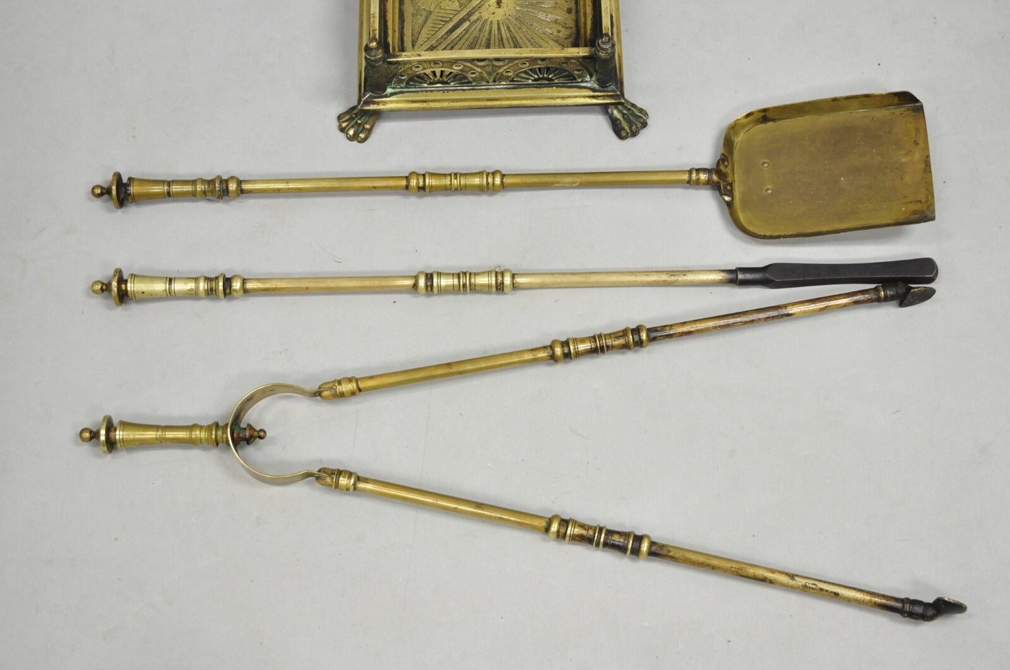 Antique English Art Nouveau Brass Paw Foot Fireplace Tool Set - 4 Pc Set