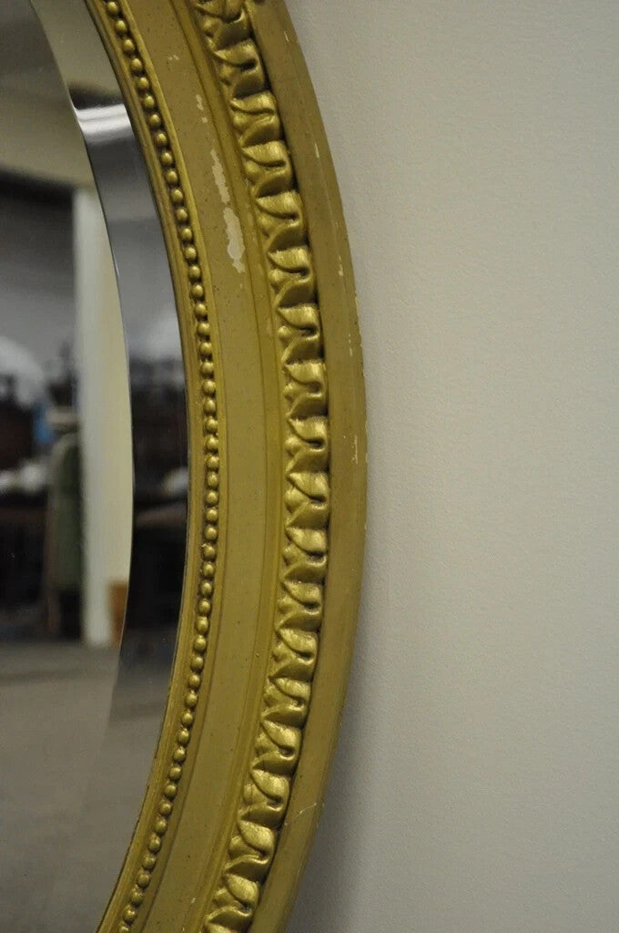 Antique French Louis XVI Style Gold Gilt Torch Flame Gesso Oval Wall Mirror