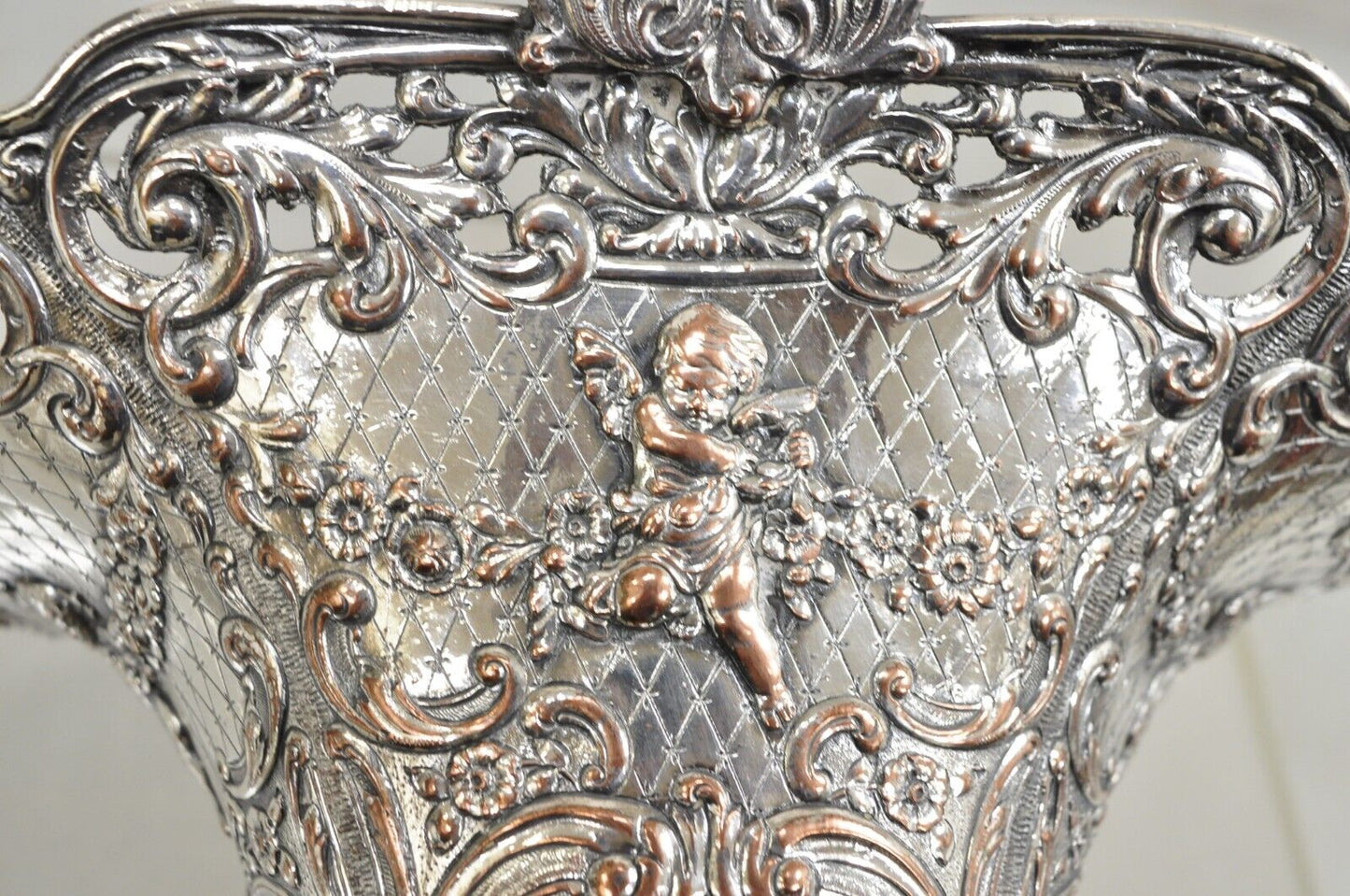 Antique English Victorian Repousse Silver Plated Cherub Vase Brides Basket