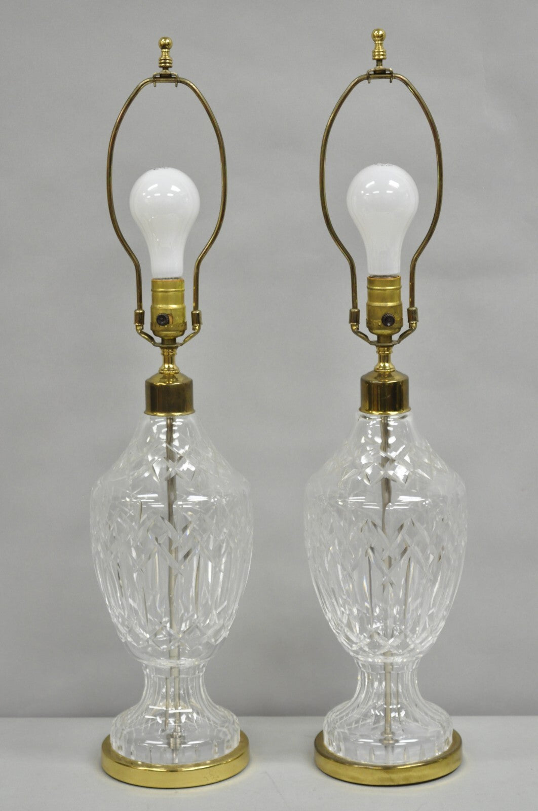Vintage Waterford Cut Crystal Leaded Glass Urn Form Brass Table Lamps - a Pair