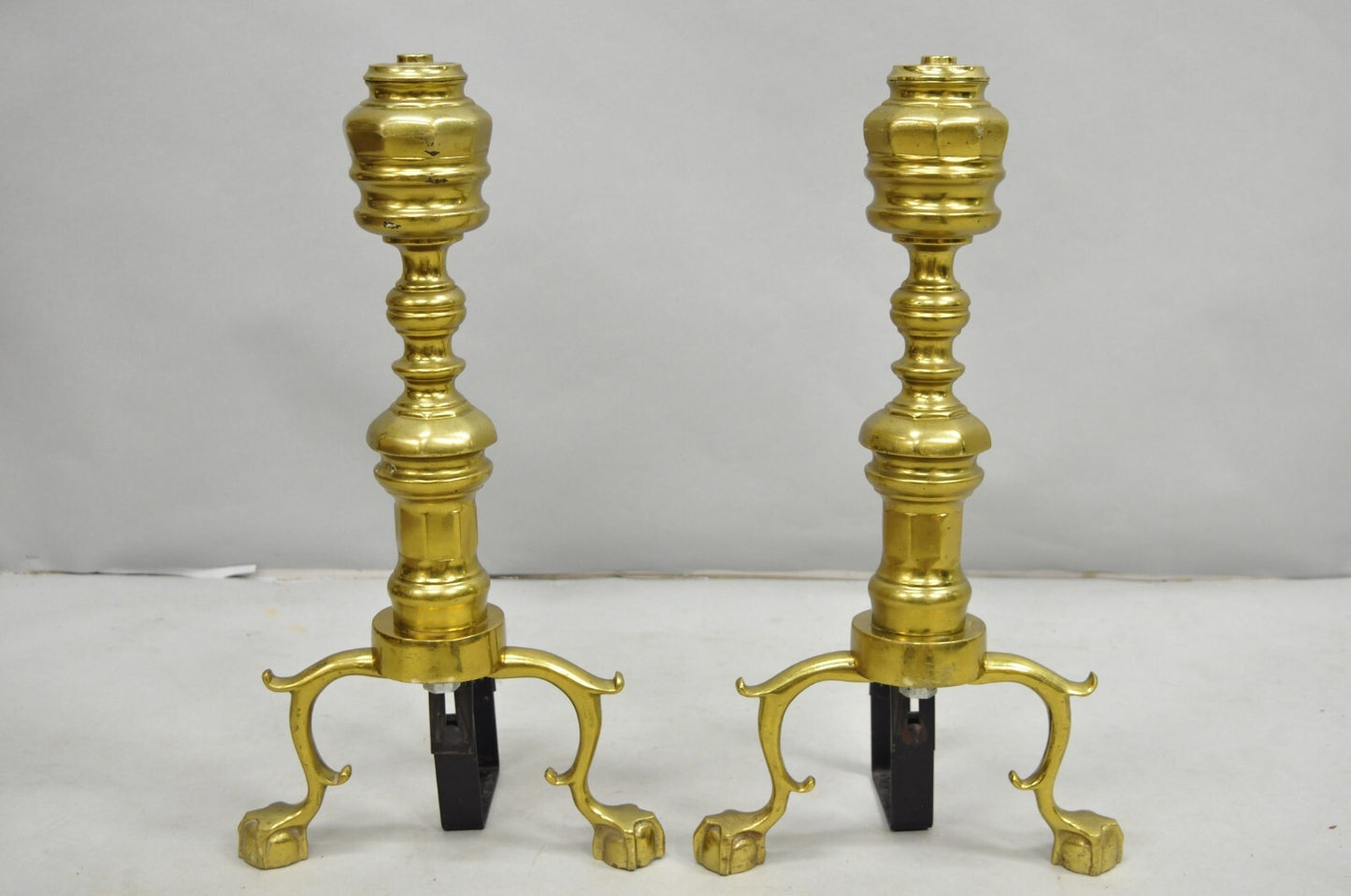 Vintage Federal Style Brass Branch Foot Gold Fireplace Andirons - a Pair