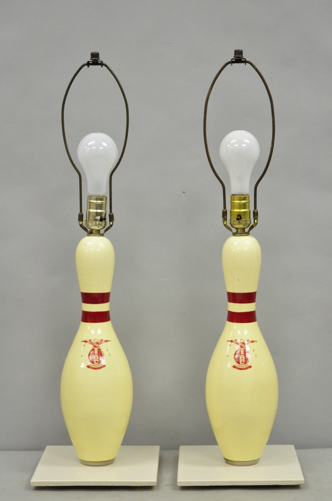 Vintage Mid Century Modern Bowling Pin Man Cave Game Room Table Lamps - a Pair
