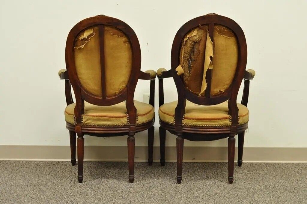19th C. French Louis XVI Style Carved Walnut Needlepoint Arm Chairs - a Pair