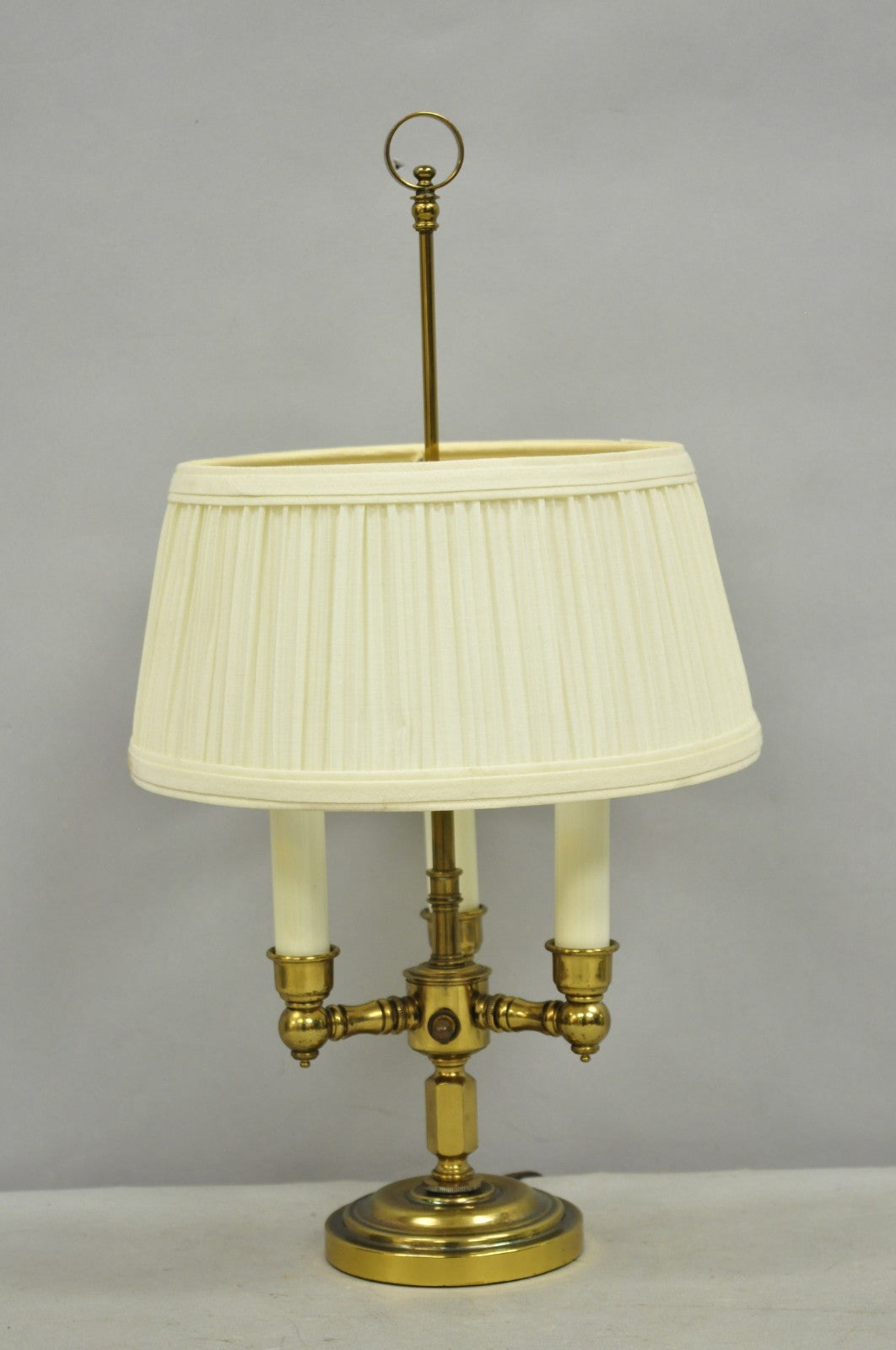 Vintage French Country Style Small Brass Candelabra Bouillotte Desk Lamp w Shade