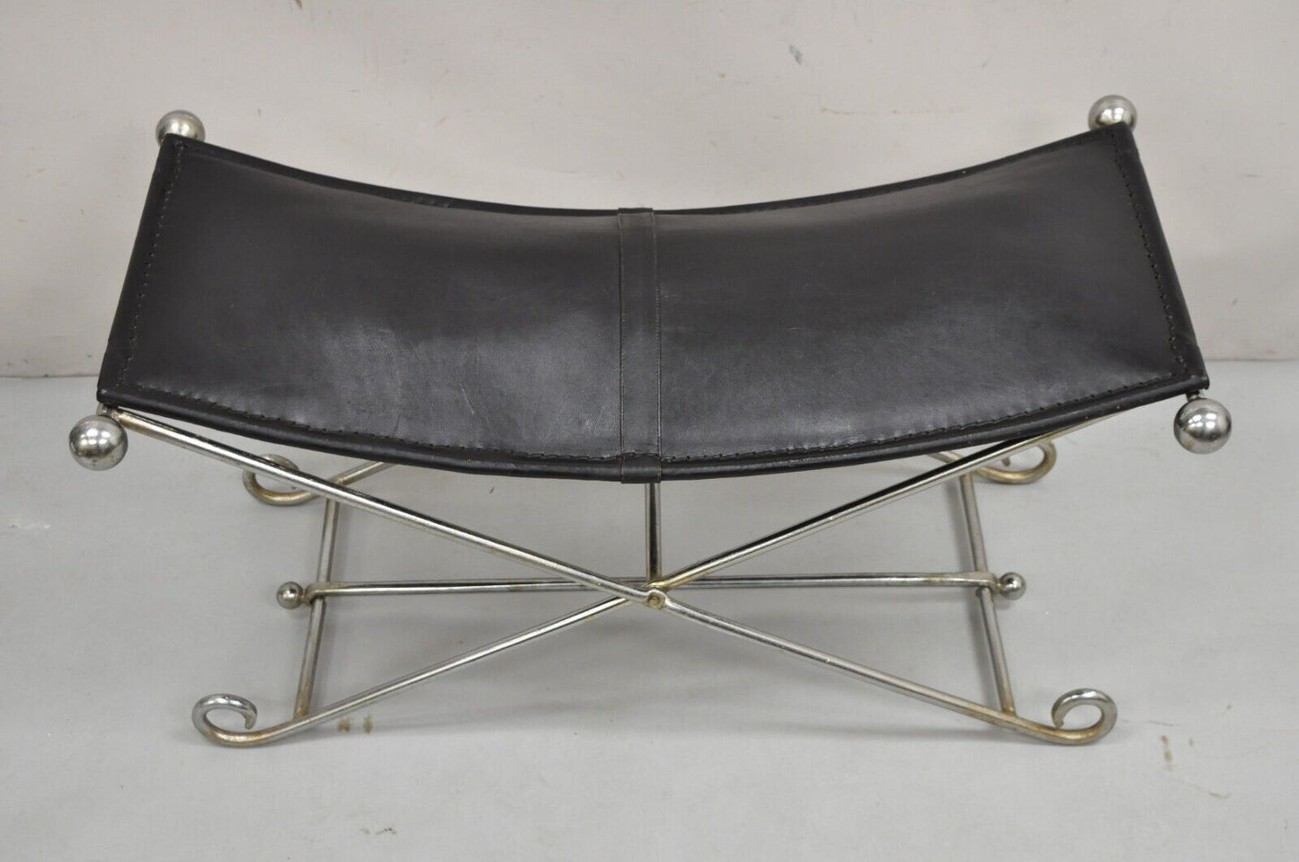 Modern Regency Style Folding Iron Metal Bench w/ Black Saddle Leather Seat