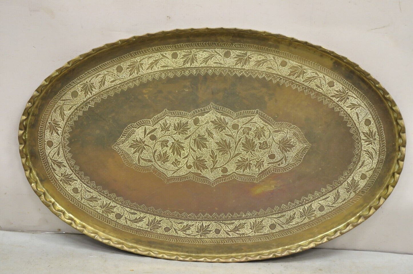 Vintage Moroccan Middle Eastern Solid Brass Large Oval Engraved 45" Tray Top