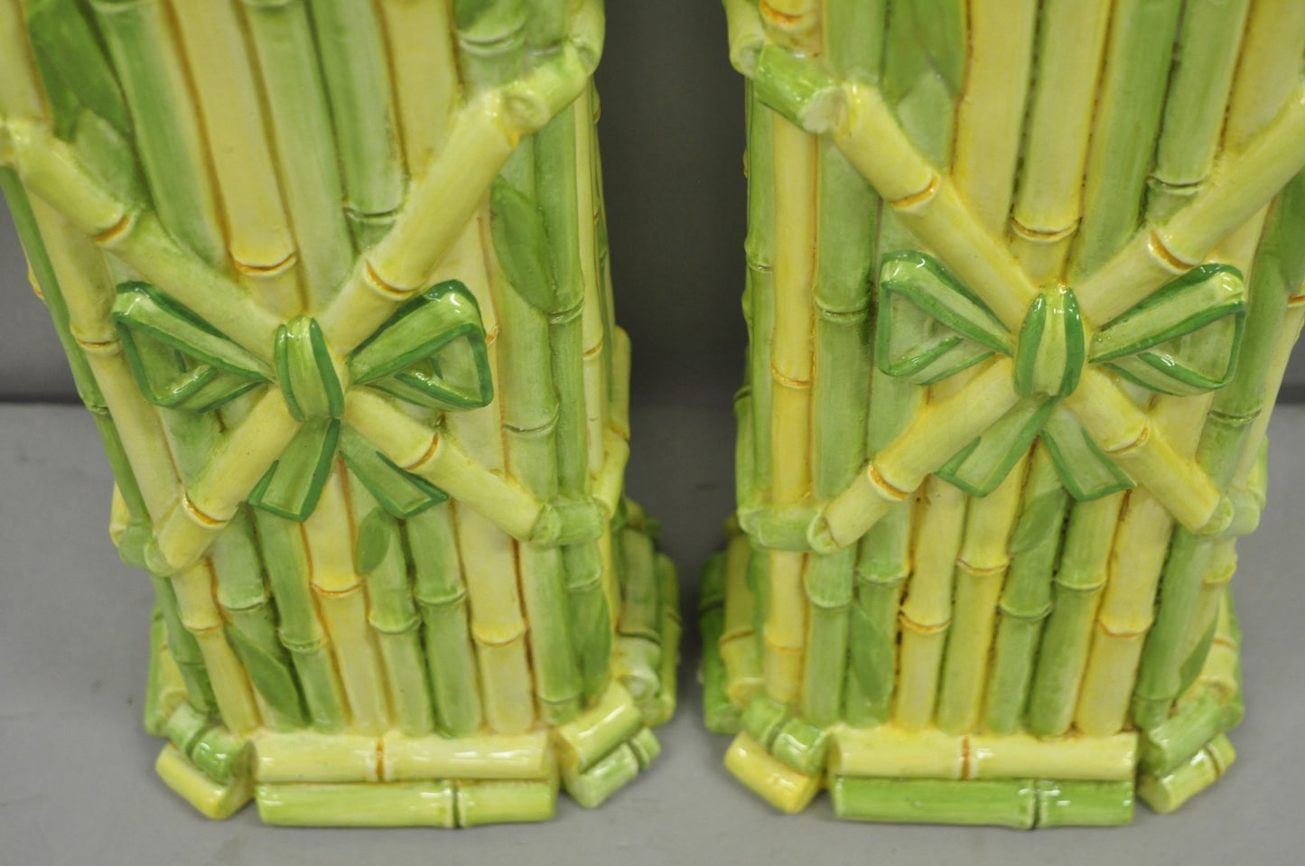 Vintage Hollywood Regency Green & Yellow Ceramic Faux Bamboo Table Lamps - Pair