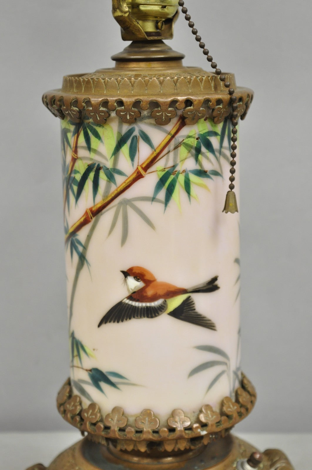 Art Nouveau Converted Oil Lamp Glass Cylinder Bird Painted Bronze Table Lamp