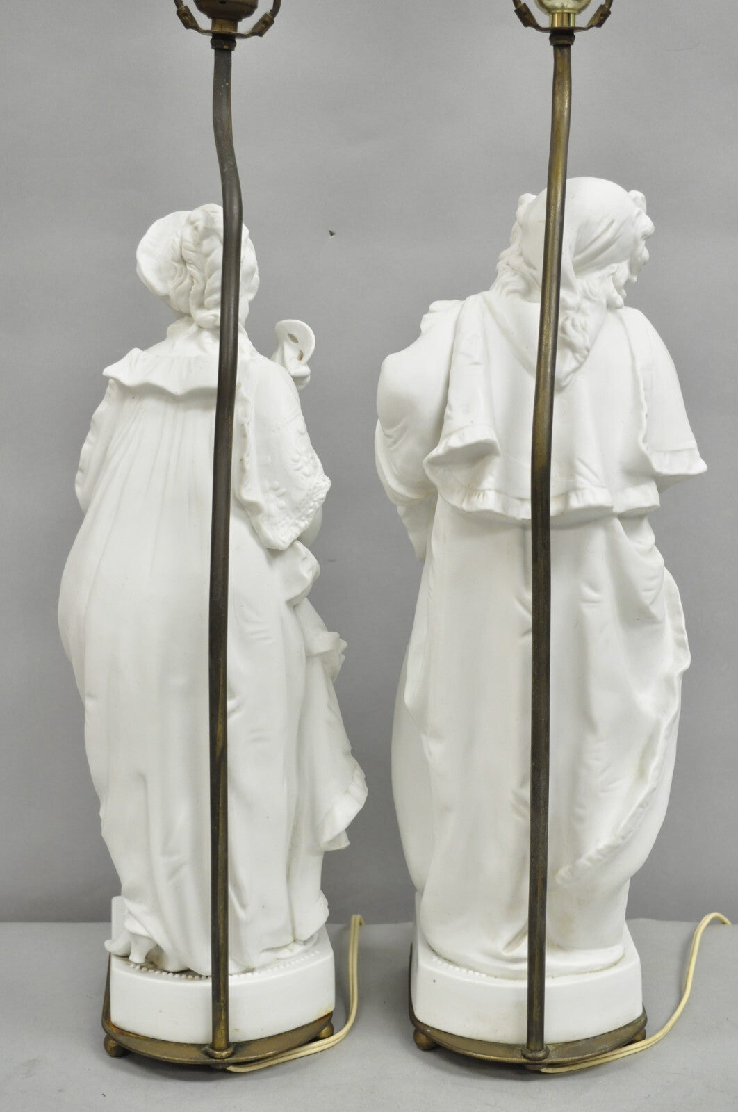 Victorian White Parian Porcelain Figural Bisque Man and Woman Table Lamps, Pair