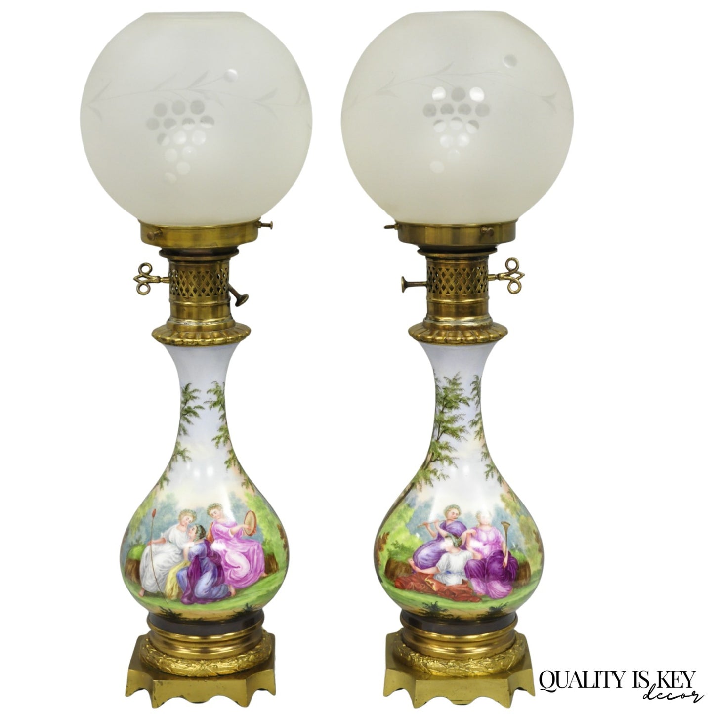 Antique French Napolean III Hand Painted Porcelain Oil Lamp Table Lamps - a Pair