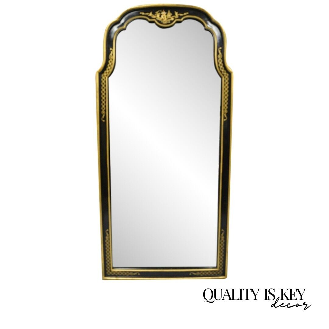 Vintage Chinoiserie Drexel Et Cetera Style Black Gold Arch Wall Mirror