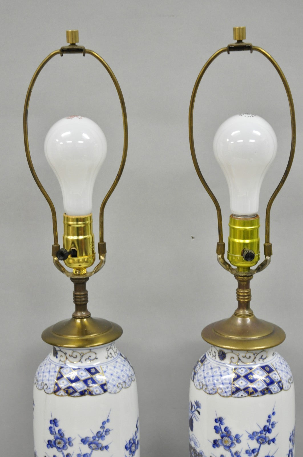 Vintage Chinoiserie Blue White Porcelain Bird & Plum Blossom Table Lamp - a Pair