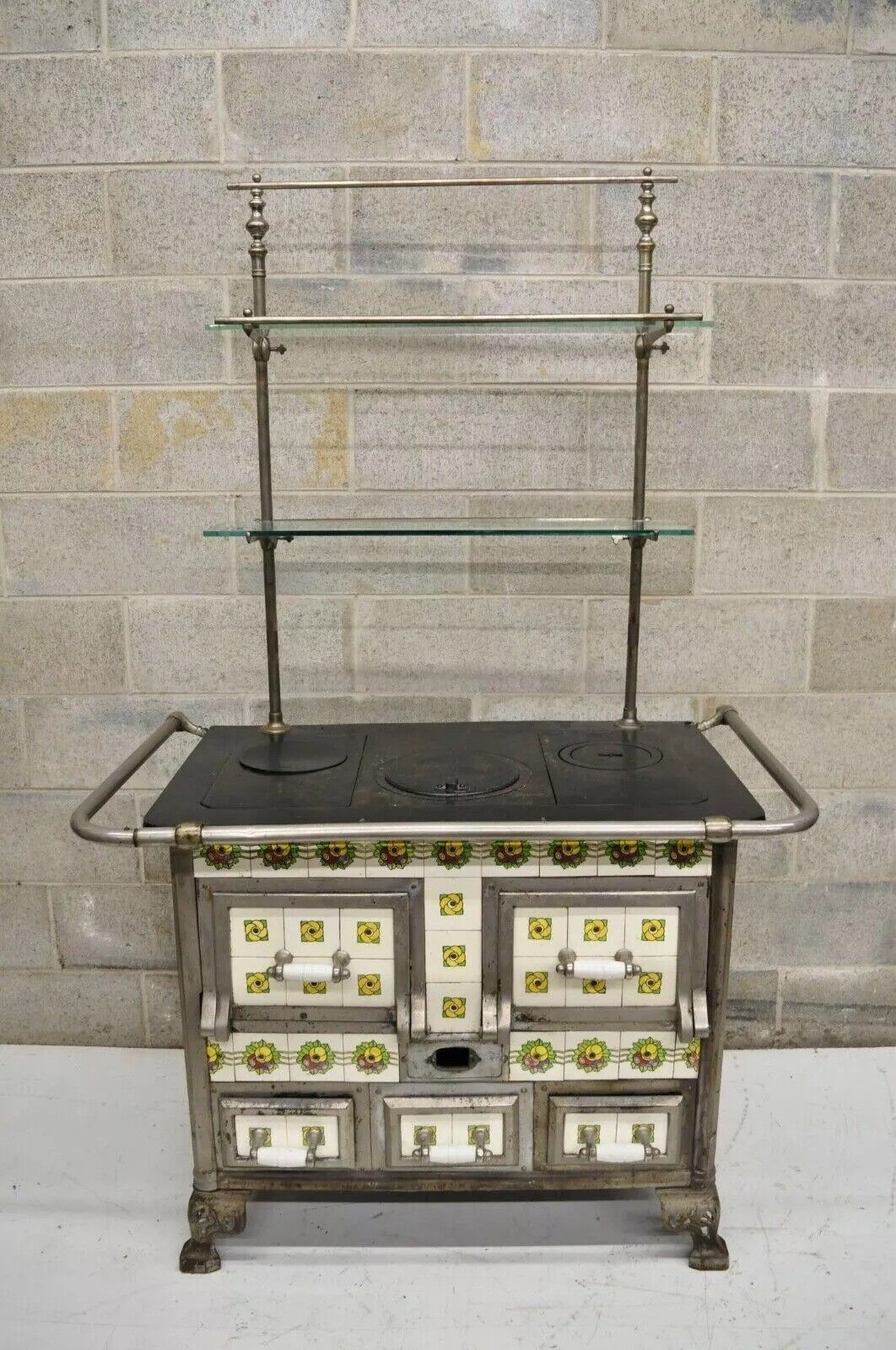 European French or Belgium Cast Iron Art Nouveau Tile Wood Coal Burning Stove