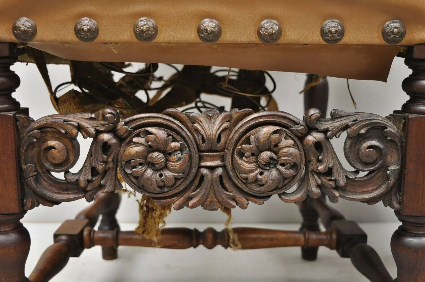 Antique 19th C. Italian Renaissance Carved Walnut High Back Side Chairs - a Pair