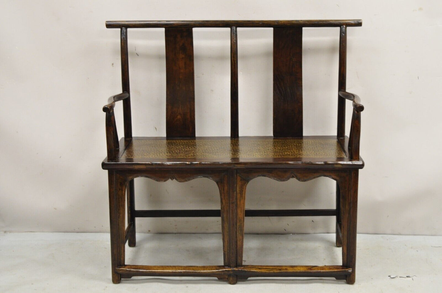 Vintage Chinese Elm Lacquered Cane Double Chairback Hall Bench Settee Sofa