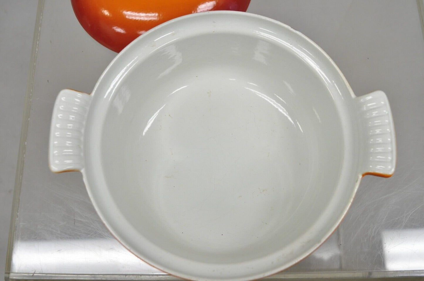 Vintage Descoware Mid Century Modern Cast Iron Orange Enamel Lidded Dutch Oven