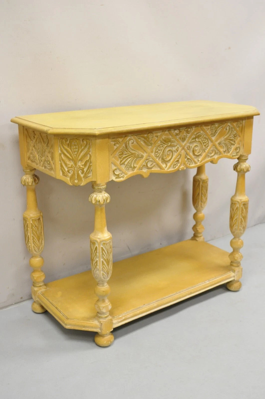 Vintage Gothic Renaissance Painted Hall Altar Console Table Chair Set - 4 Pc Set