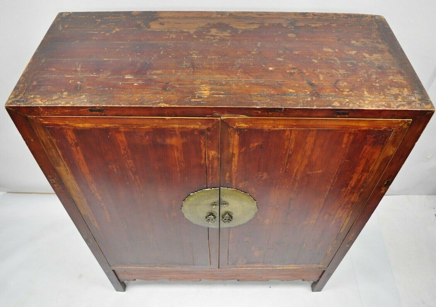 Antique Asian Red Lacquer Oriental Chinese Marriage Wedding Cabinet Wardrobe