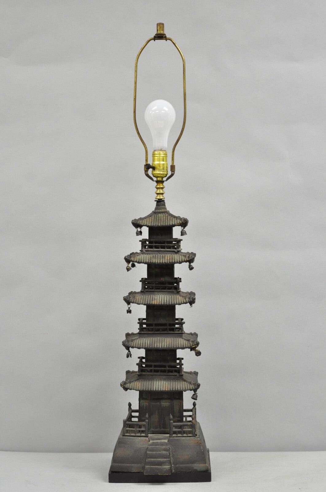 Vintage Chinoiserie Cast Iron Chinese Buddhist Pagoda Temple Table Lamp