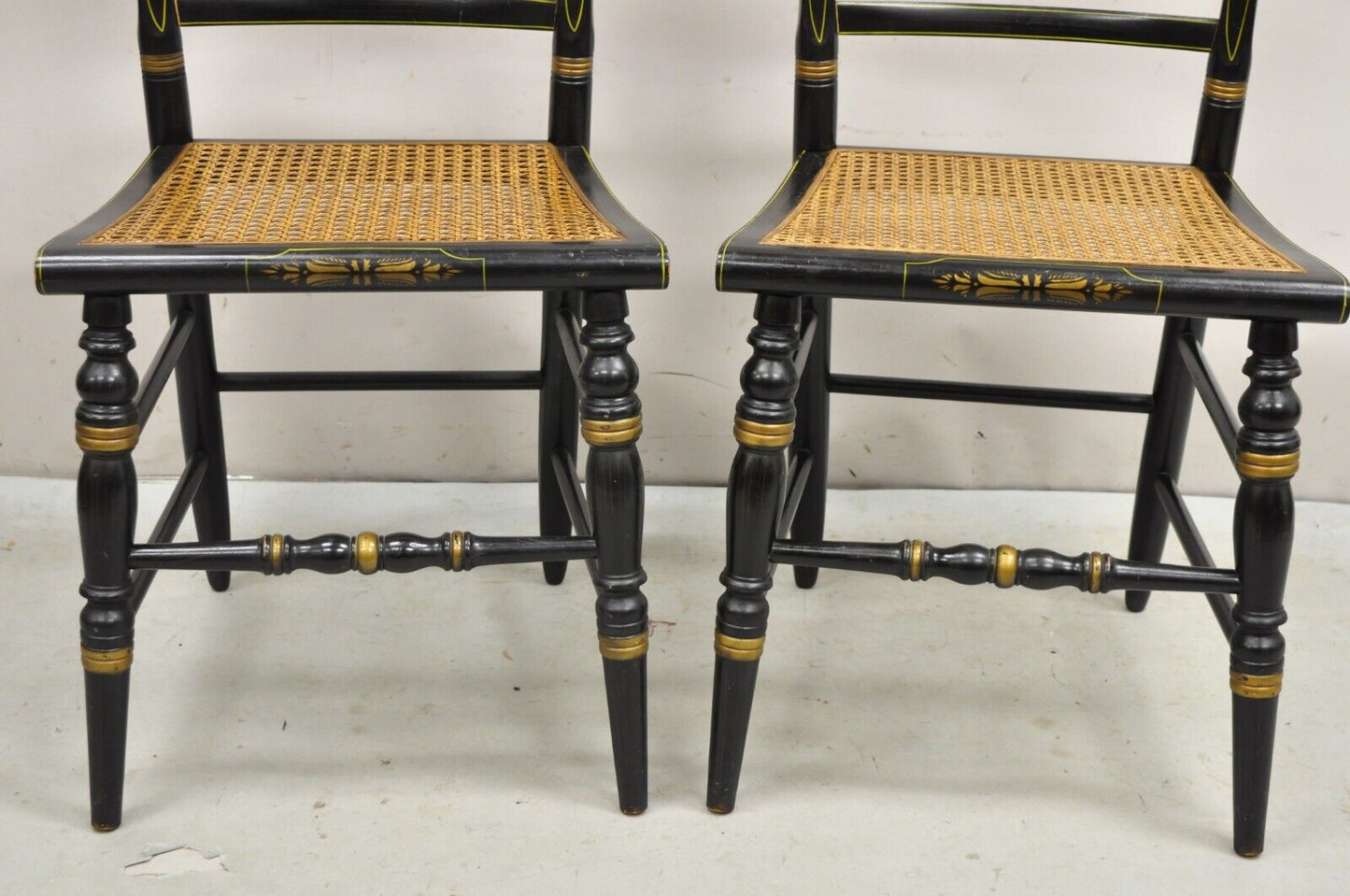 Vintage L. Hitchcock Black Stencil Harvest Decorated Cane Side Chair - a Pair