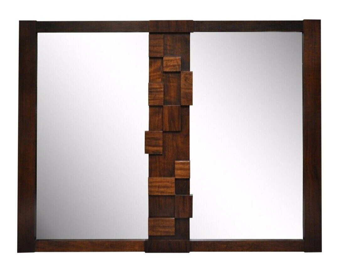 Lane Brutalist Cubist Vintage Mid Century Modern Walnut Rectangular Mirror