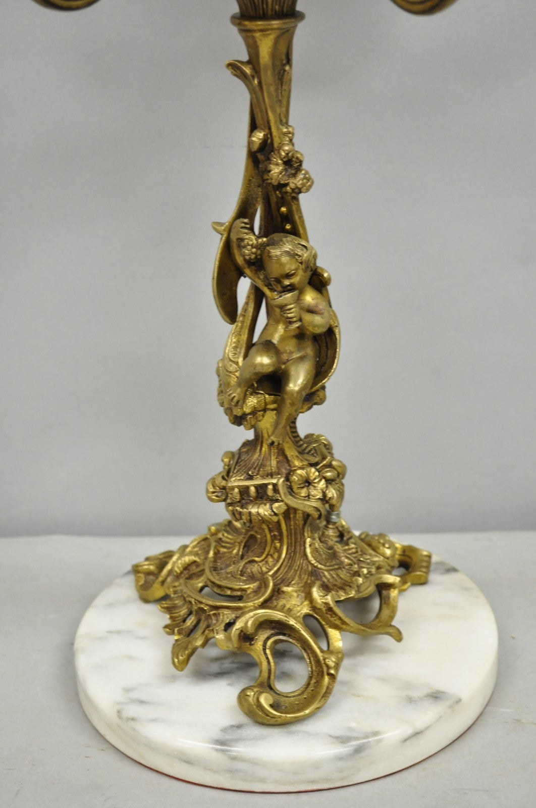 Vintage French Rococo Louis XV Brass Marble Figural Cherub Candelabra Table Lamp