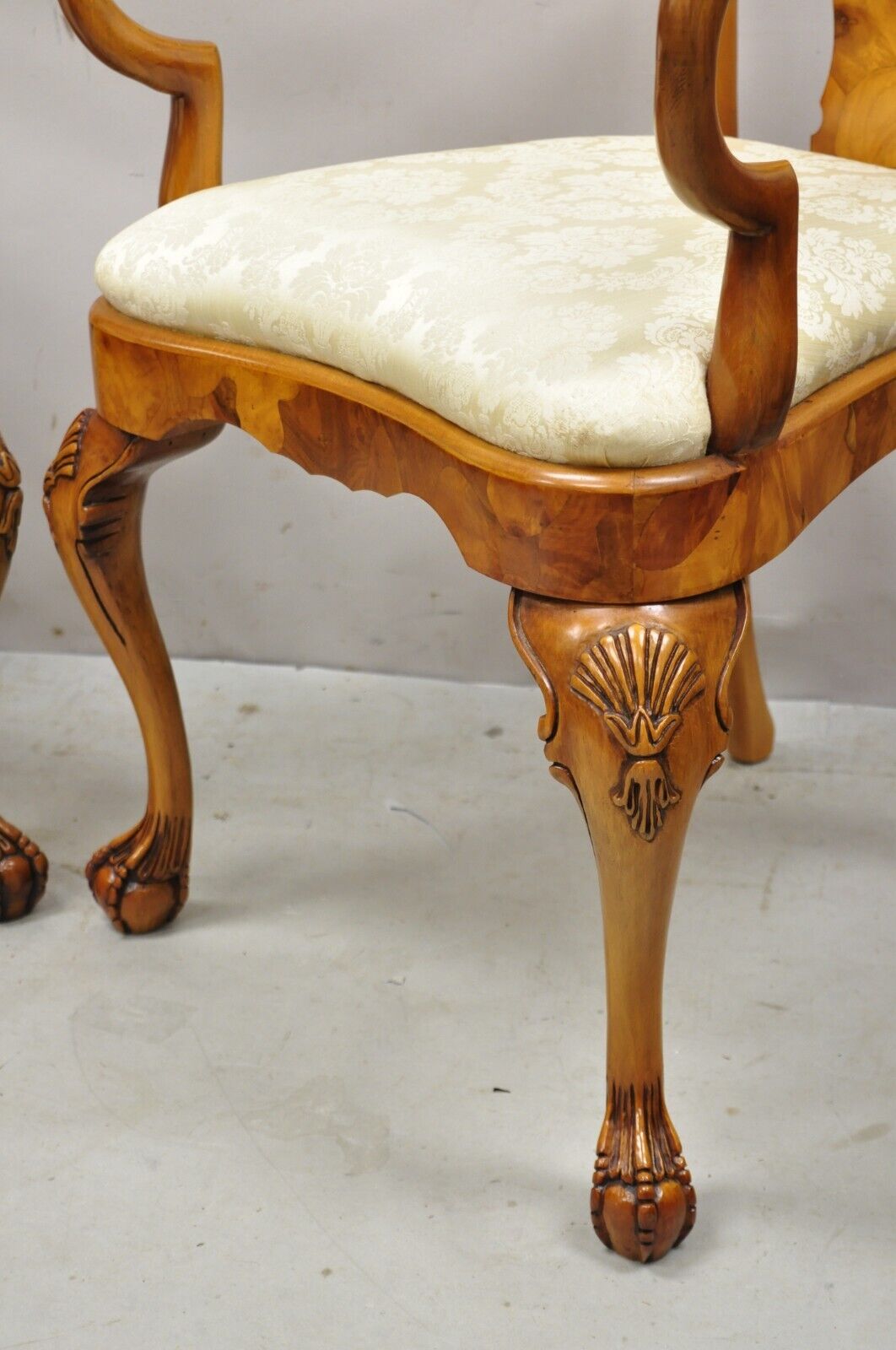 Vintage Queen Anne Style Italian Burl Patchwork Floral Inlay Arm Chairs - a Pair