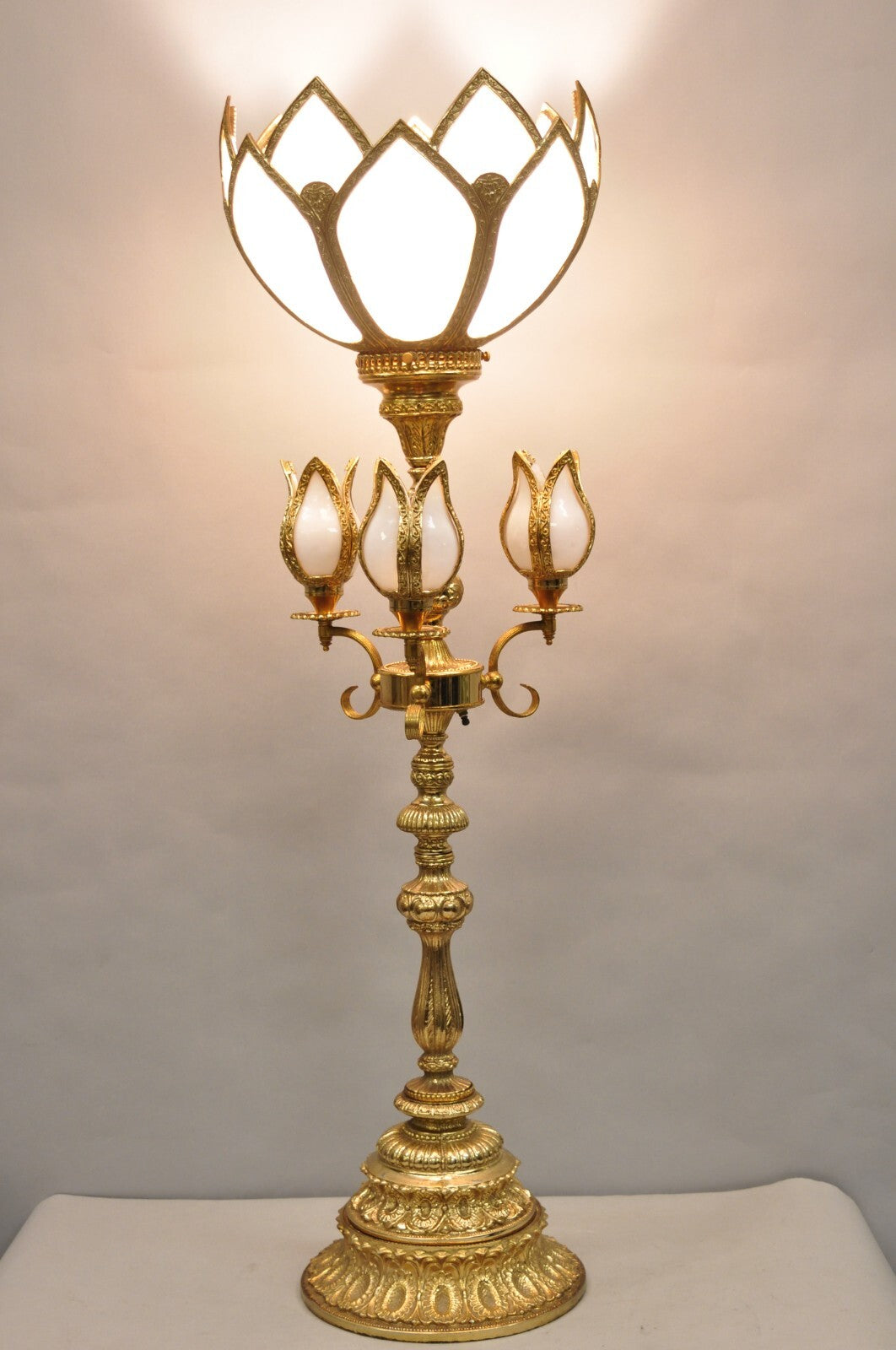 Vintage Hollywood Regency Gold Tall Candlestick Lantern Tulip Shade Table Lamp