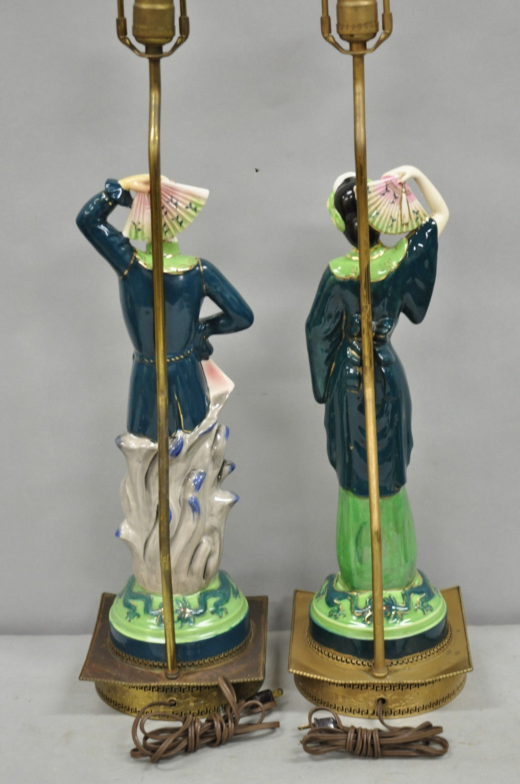 Vintage Art Deco Japanese Figural Green Porcelain Man & Women Table Lamps - Pair