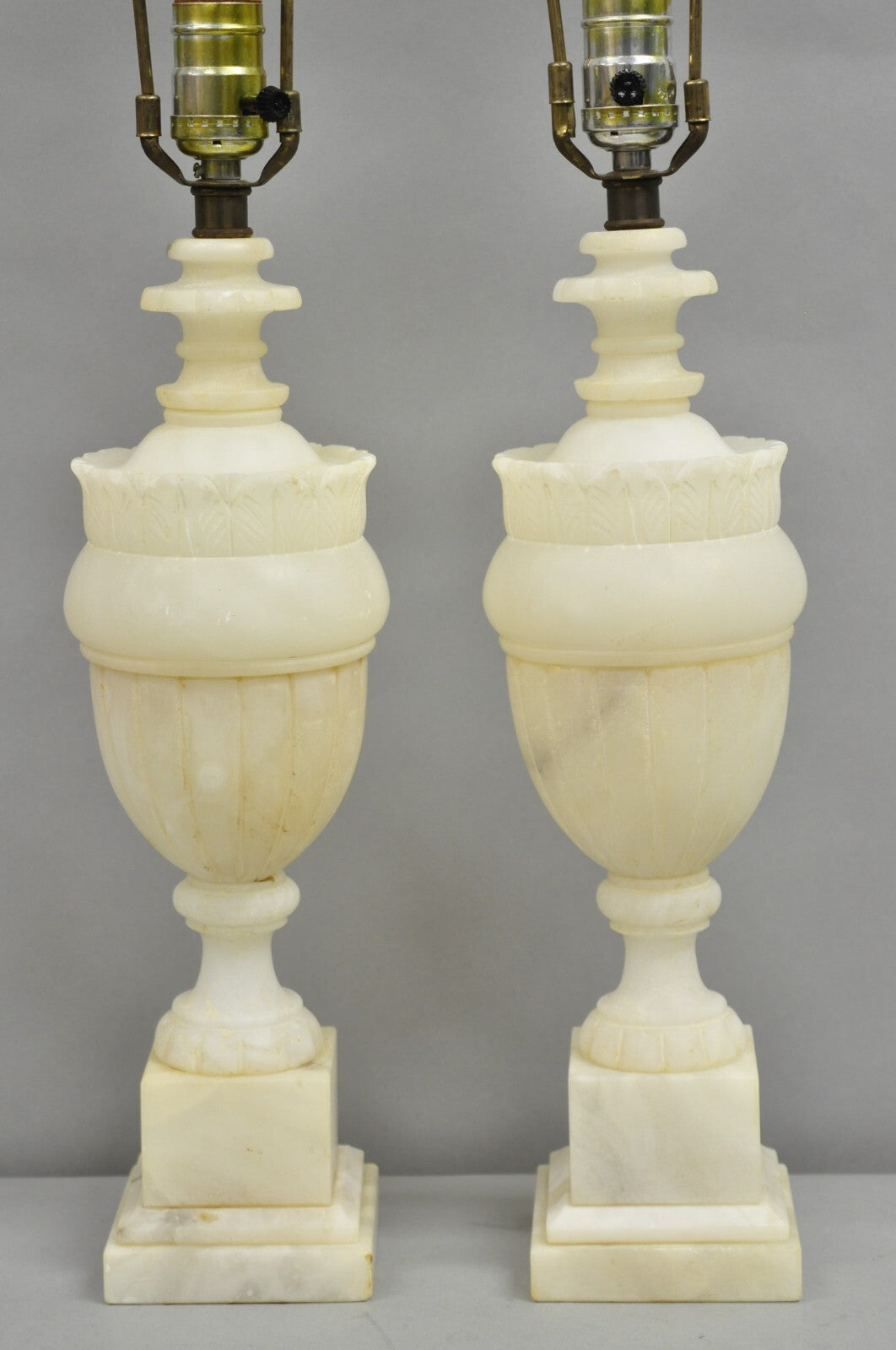 Antique French Empire Neoclassical Carved Alabaster Urn Table Lamp - a Pair