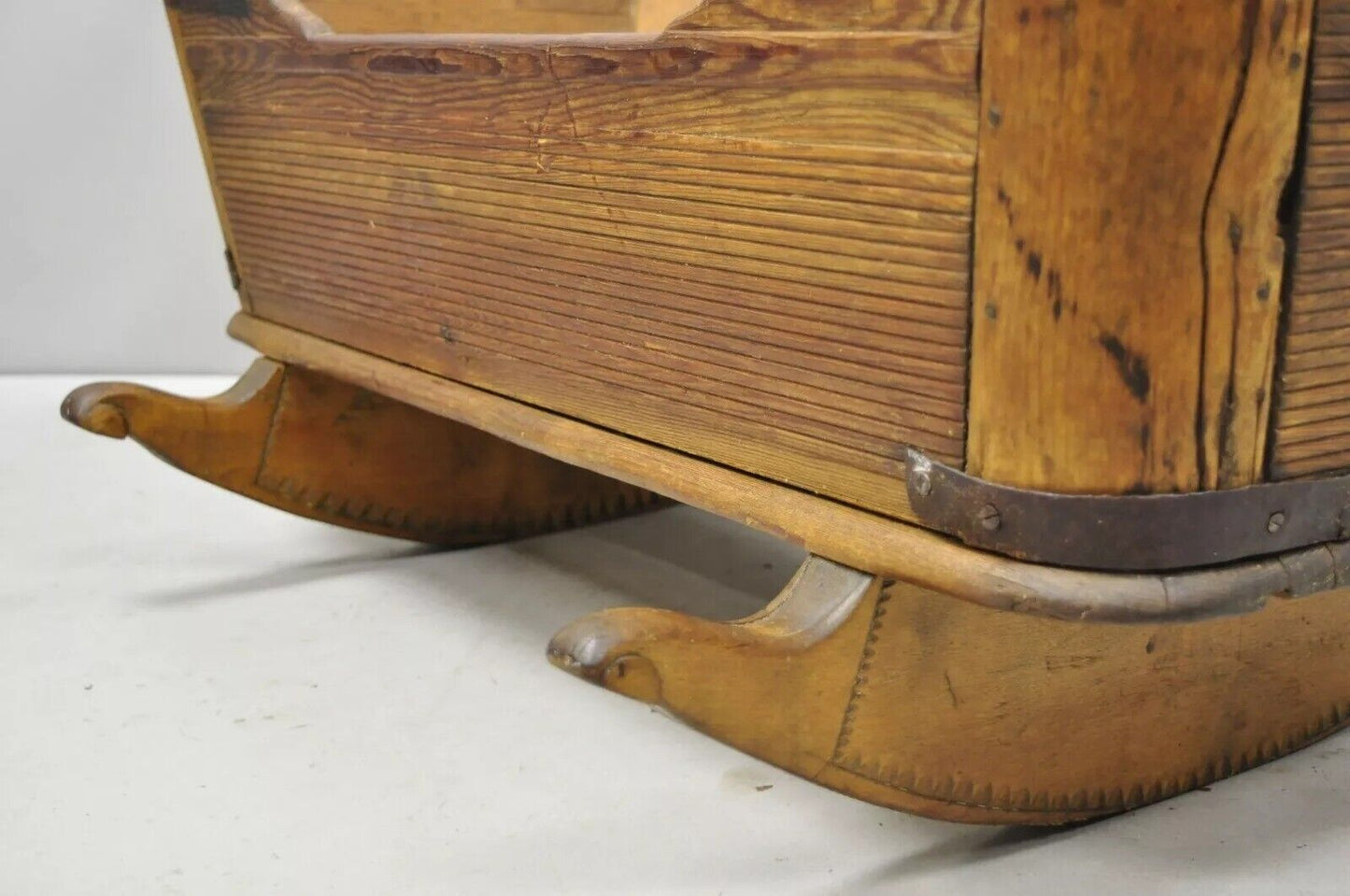 Antique 19th Century Primitive Colonial Carved Wood Baby Rocking Doll Cradle