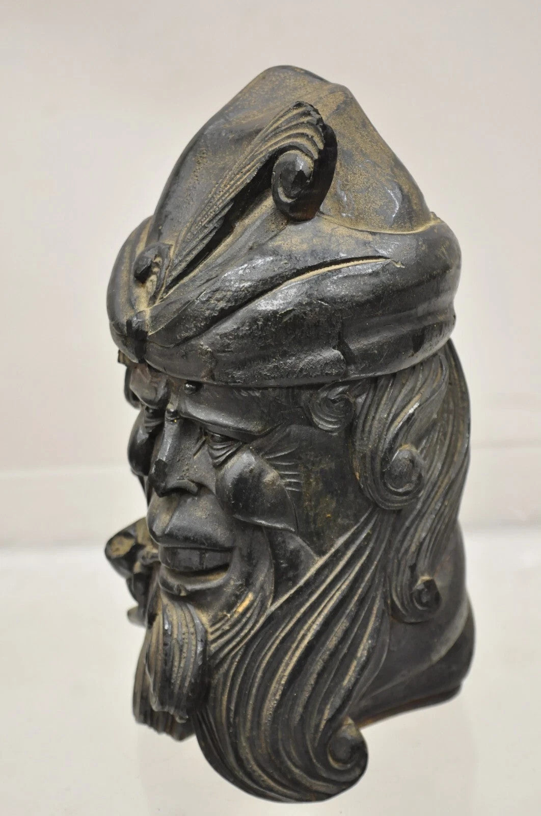 19th C European Black Forest Figural Wood Carved Bearded Man Lidded Tobacco Jar