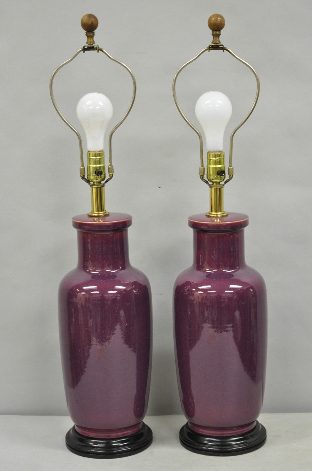 Vintage Chinoiserie Plum Purple Ceramic Porcelain Jardiniere Table Lamps - Pair