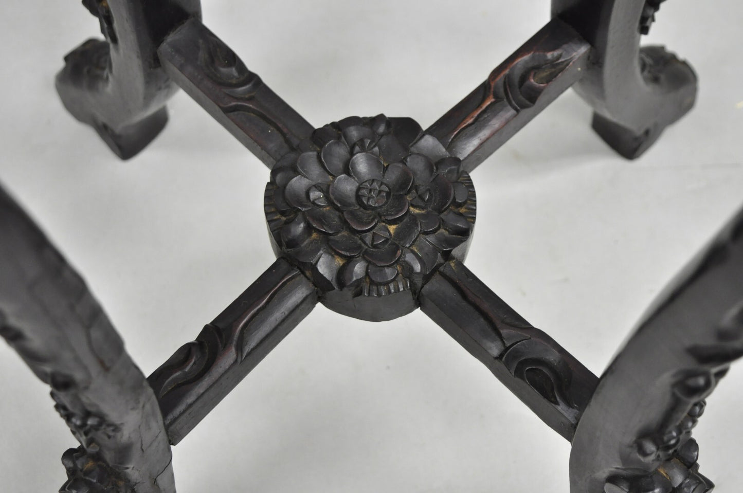 Antique Chinoiserie Chinese Carved Hardwood Marble Top 36" Pedestal Plant Stand