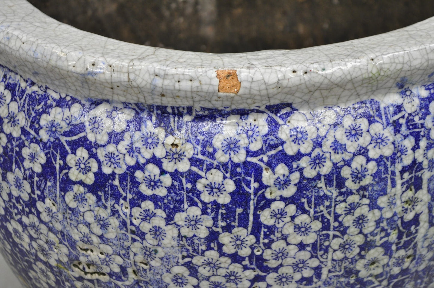 Antique Chinoiserie Large Blue White Terracotta 23" Jardiniere Planter Pot Pair