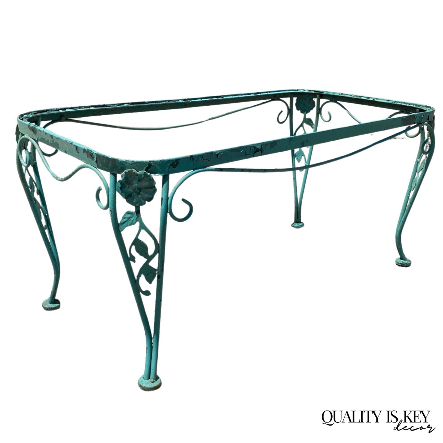 Vintage Woodard Chantilly Rose Green Wrought Iron Garden Patio Coffee Table