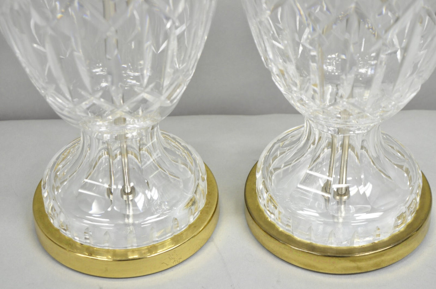 Vintage Waterford Cut Crystal Leaded Glass Urn Form Brass Table Lamps - a Pair