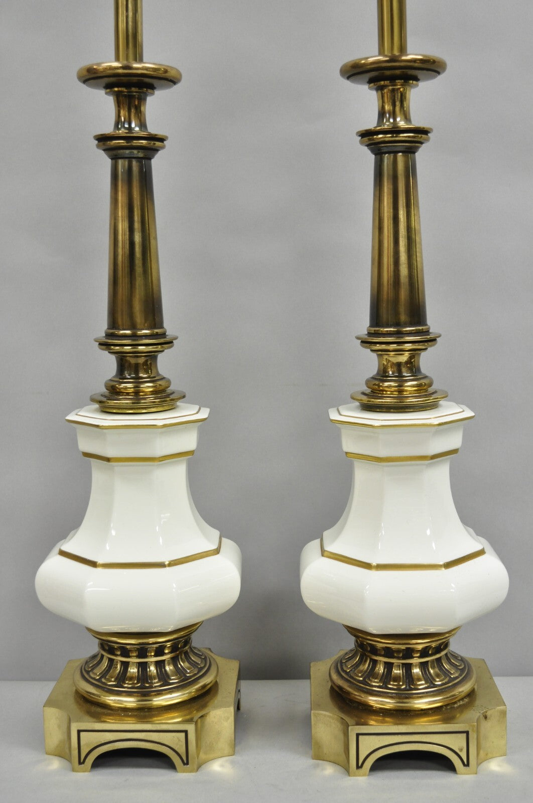 Vintage Stiffel Empire Style Burnished Brass & Porcelain Table Lamps (A) - Pair