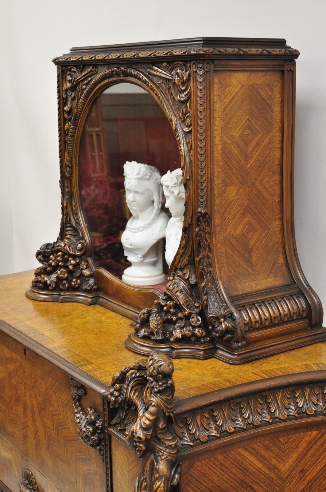 French Renaissance Louis XV Style Figural Carved Walnut Curio Display Buffet