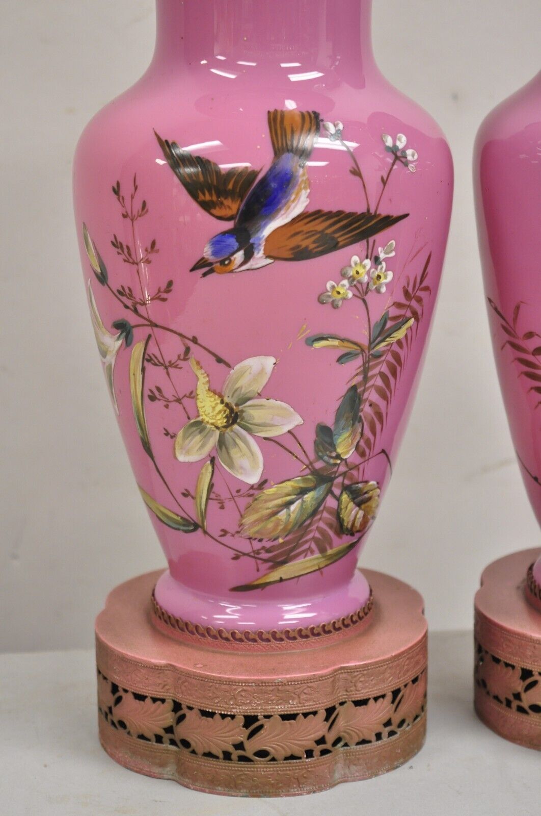 Vintage Chinoiserie Pink Porcelain Japanese Bird Painted Table Lamps - a Pair