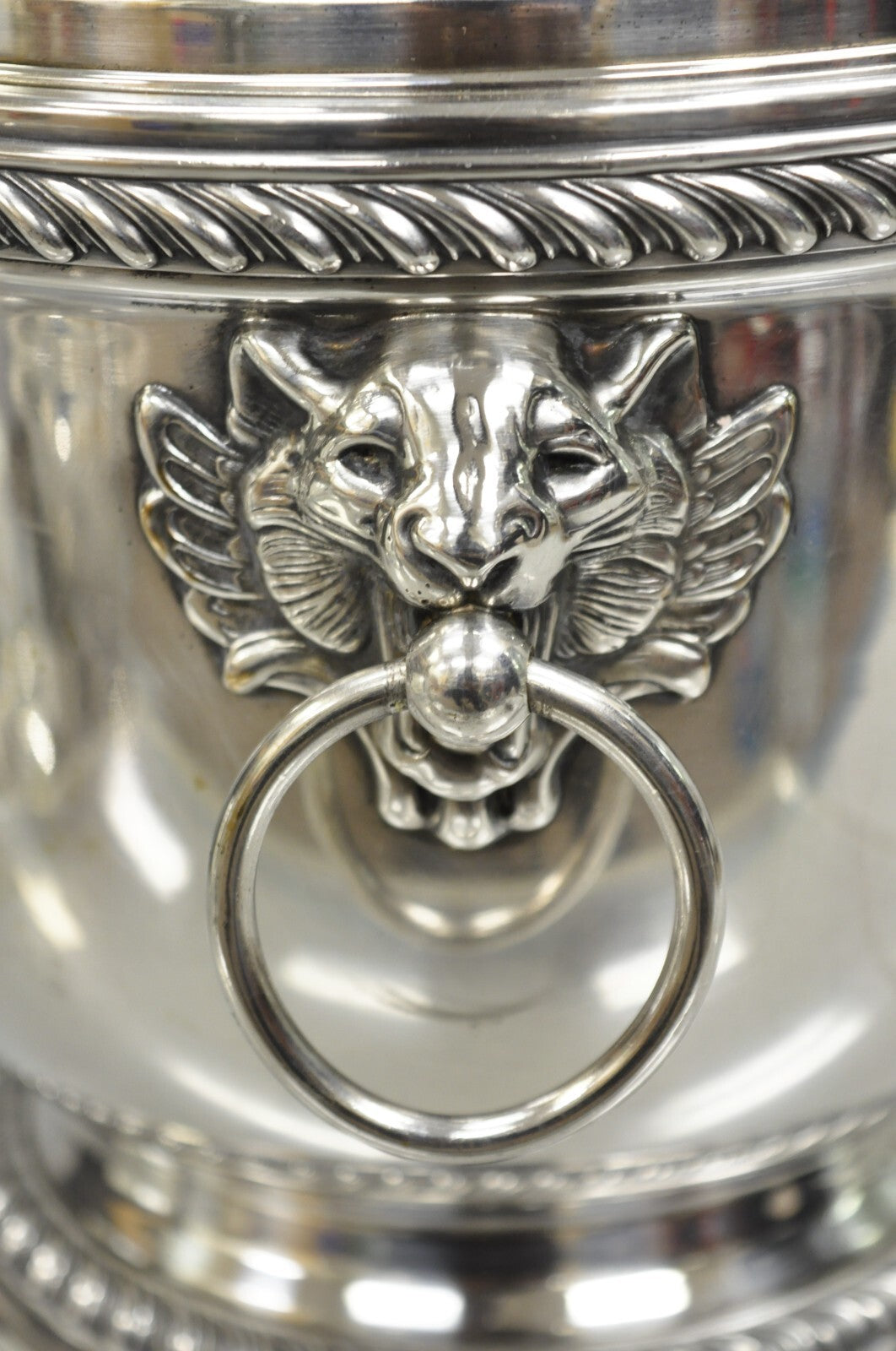 Vintage English Regency Silver Plated Lion Head Lidded Ice Bucket by Poole