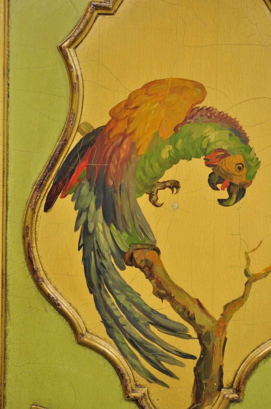 Antique French Louis XV Green Painted Parrot 3 Panel Venetian Room Screen (C)